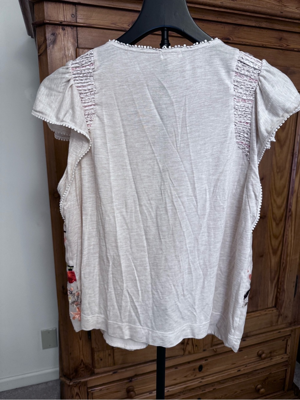 Embroidered Floral Cream V-Neck Flutter Sleeve Top - Picture 6 of 6